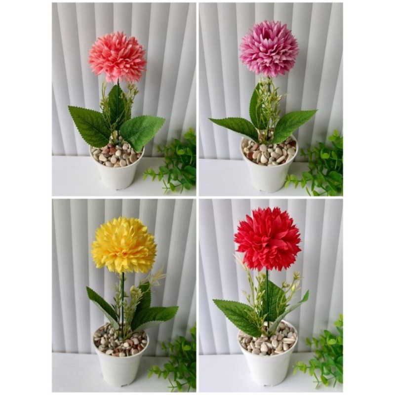 BUNGA HIAS ARTIFICIAL BUNGA POM POM FUYU + POT DEKORASI RUANGAN