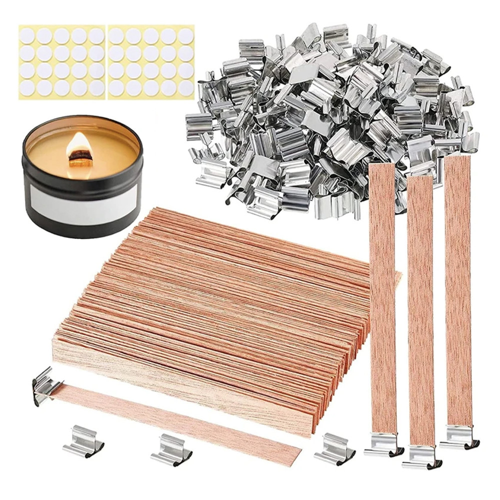 

50pcs Candle Making Kit High Quality Wooden Candle Wick With Clip Base Craft Wicker Paraffin Wax Burning Smokeless Wick Stickers