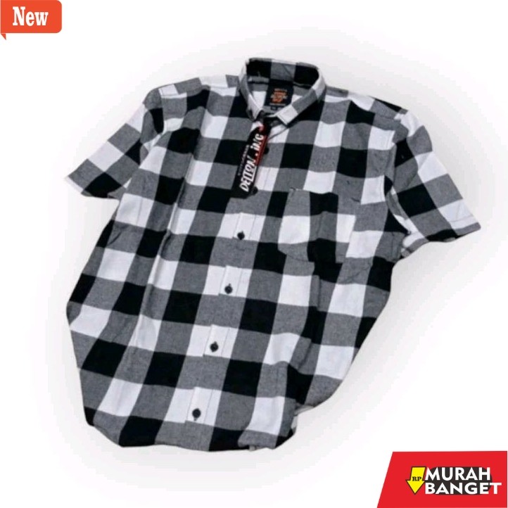 kemeja kotak kotak cowok baju kemeja Flanel pria lengan pendek Motif kotak kotak Putih Hitam Slimfit