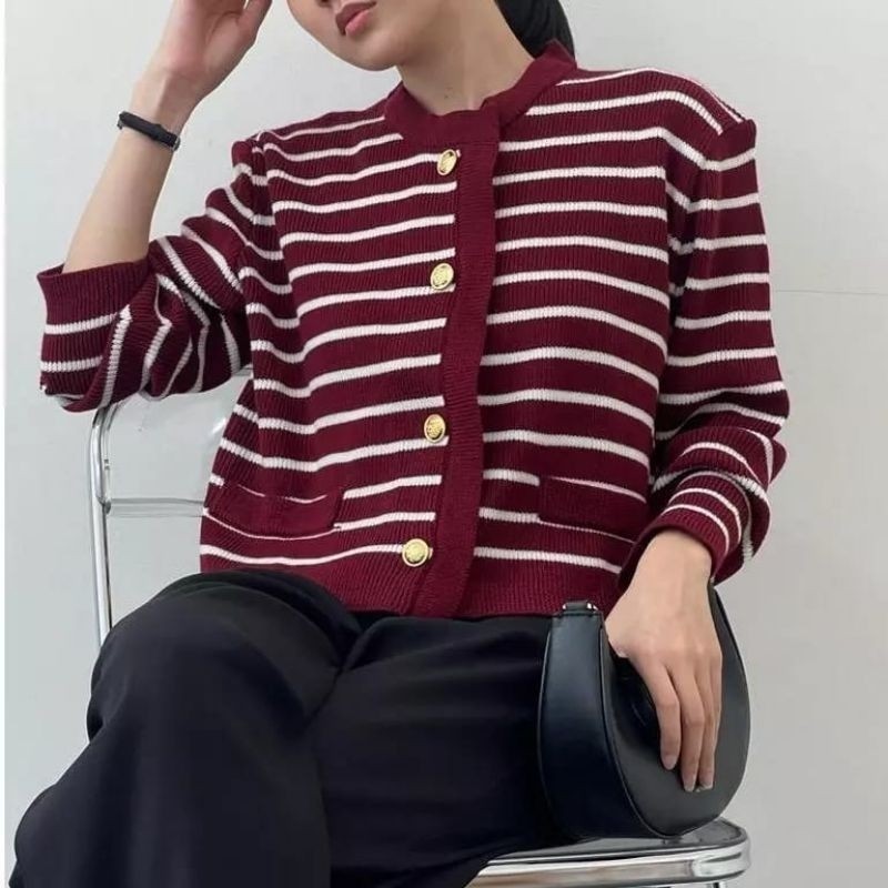 [BIG DEAL]  HANIRA Lalisa Knit Cardy Premium - Cardigan Stripe Wanita Bahan Rajut Premium Tebal - Ca