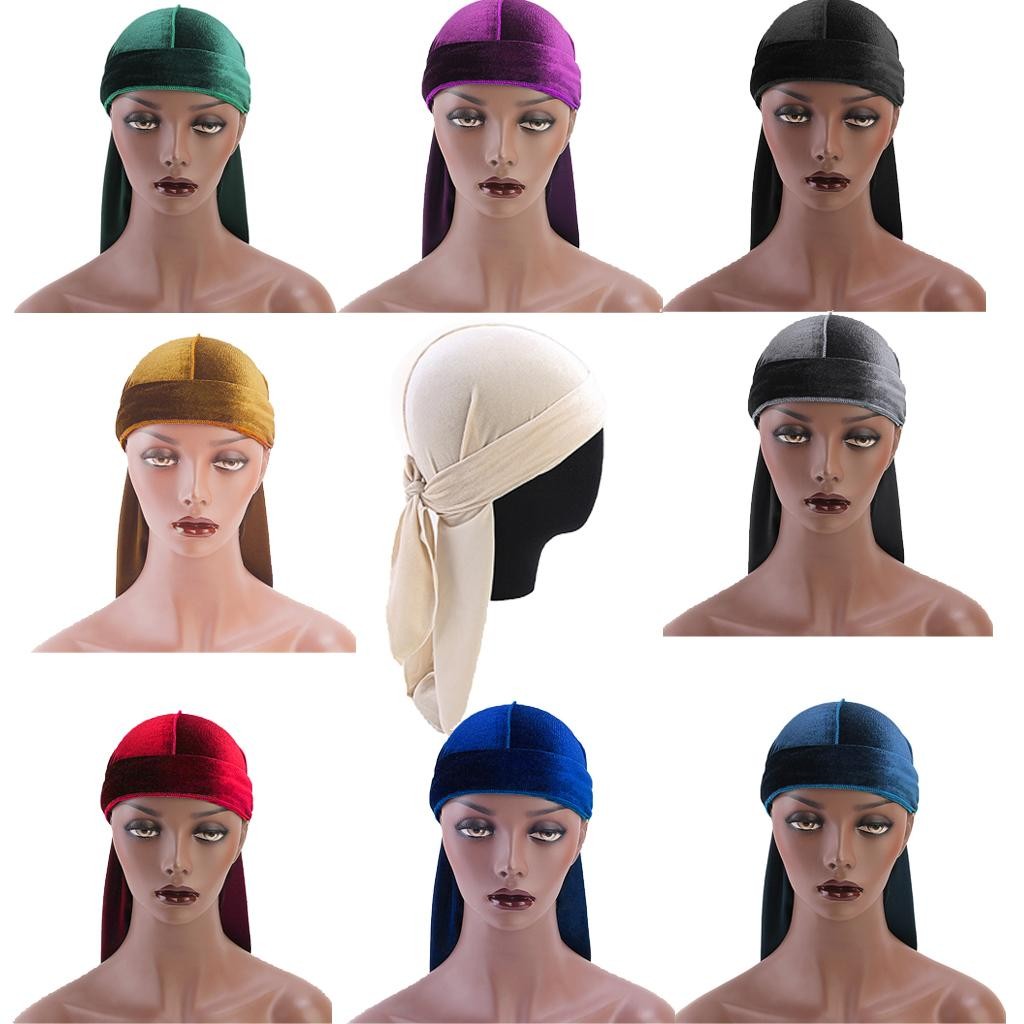 Women Men Long Tail Plain Velvet Bandana Turban Hat Durag Headwear Pirate Cap Head Wraps