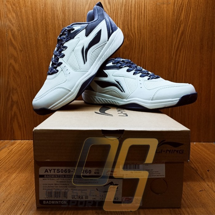 Sepatu Badminton Lining Ultra 3 (White/Navy) 100% ORIGINAL - 40