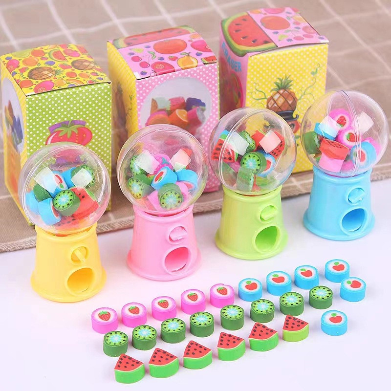 

Cute Mini Gashapon Machine Design Erasers Cartoon Fruit Rubber Erasers Kids Kawaii Stationery Correction Tool Office Supplies