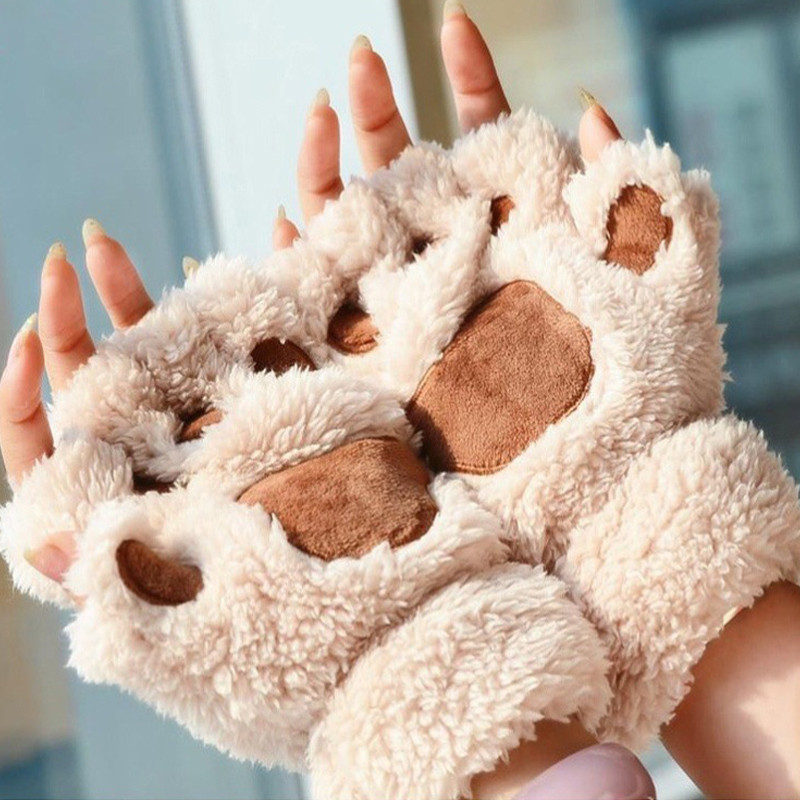 Cat Paw Gloves Winter Cute Cartoon Cat Girl Open Finger Gloves Thickened Fluffy Bear Paw Half Finger