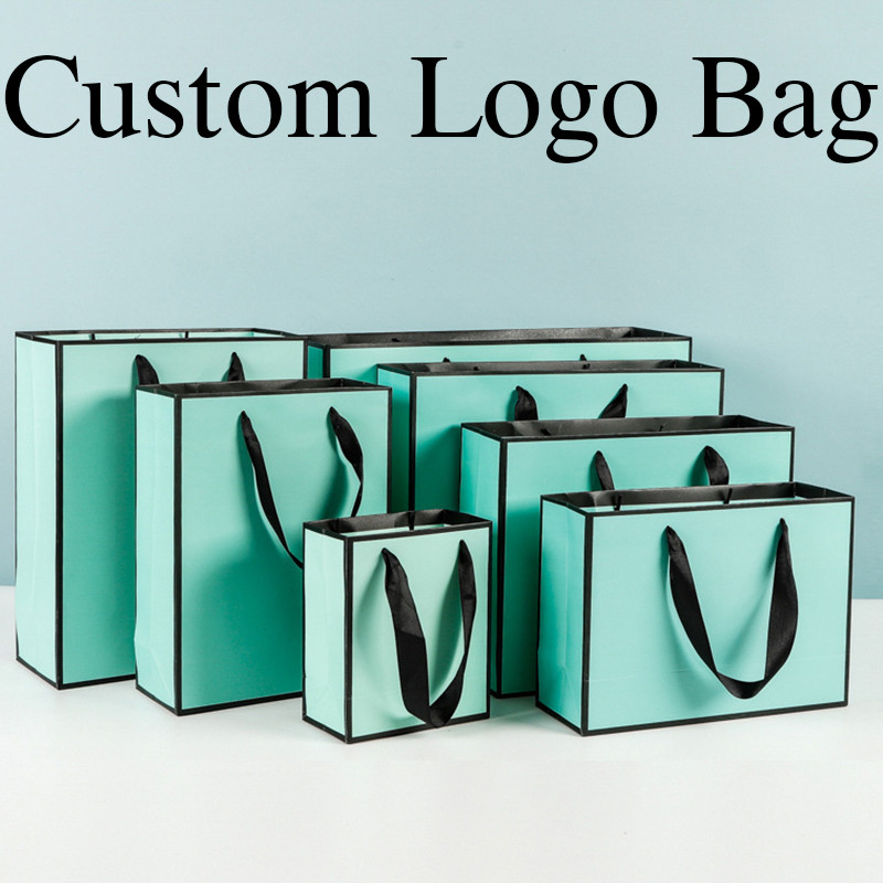 

10 Pcs Custom Logo Paper Package Blue Bag Christmas Gifts Bags Wedding Gifts Package Bags Clothes Package Bags Brides Bags