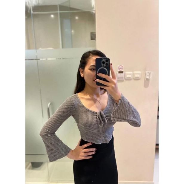 PREKTUS - ZRX Baju Tali Pita SETA Serut Depan Waffle Lengan Panjang / MELIA CROP TOP / ATASAN CROP T