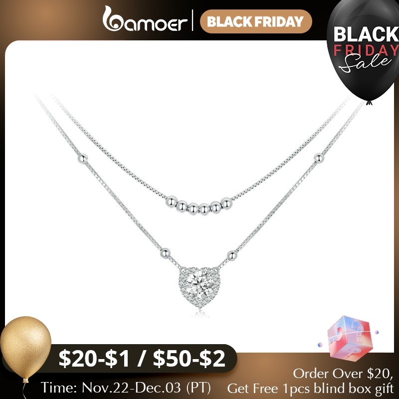 Bamoer 925 Sterling Silver Halo Heart Moissanite Pendant Necklace Double-layer Necklace for Women Va