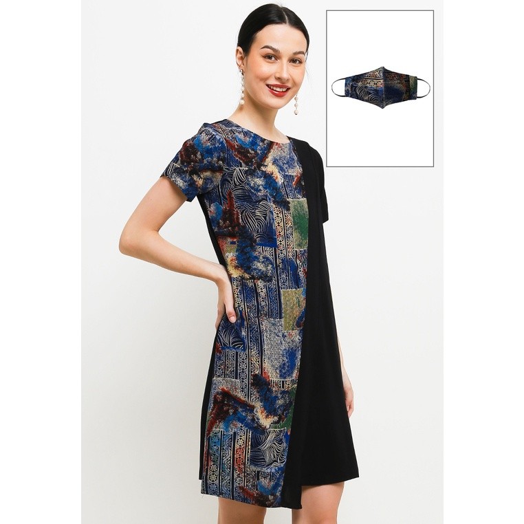 Mint Dress In Blue Abstract Print W/ Mask