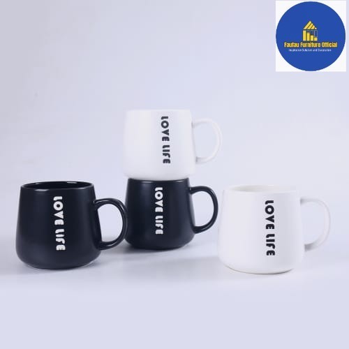 BEST QUALITY 4pcs Gelas Coffee/Gelas Kopi/Mug Gelas Tamu Love Life HitamPutih 400ml