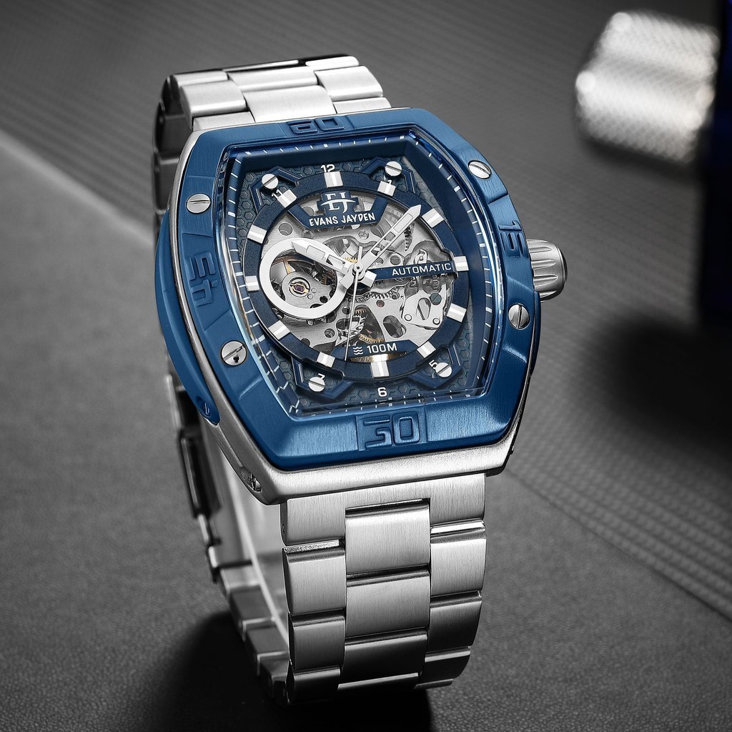 [ DISKON ] Evans Jayden Jam Tangan Pria 9563 Rantai Automatic Stainless Kaca Safir 10ATM