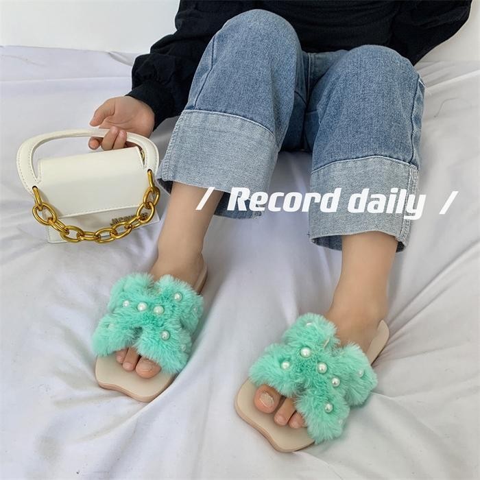 SANDAL SELOP ANAK PEREMPUAN MODEL  MUTIARA BULU  H   FASHION BEUTIFUL IMPORT - Hijau, 24/25