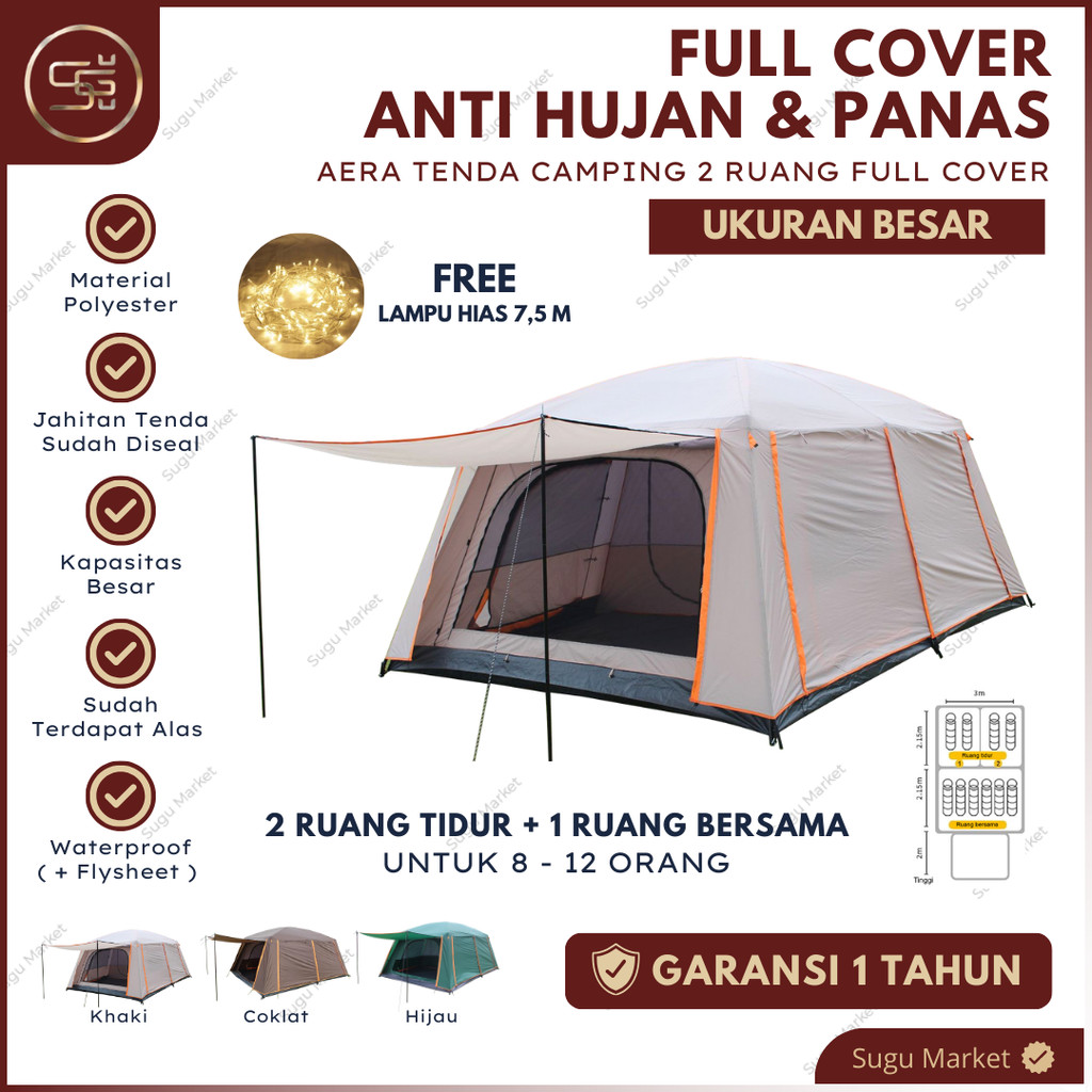 Tenda Camping Keluarga 2 Ruang Full Cover Besar 8-12 Orang Waterproof Outdoor I Tenda Camping Keluar