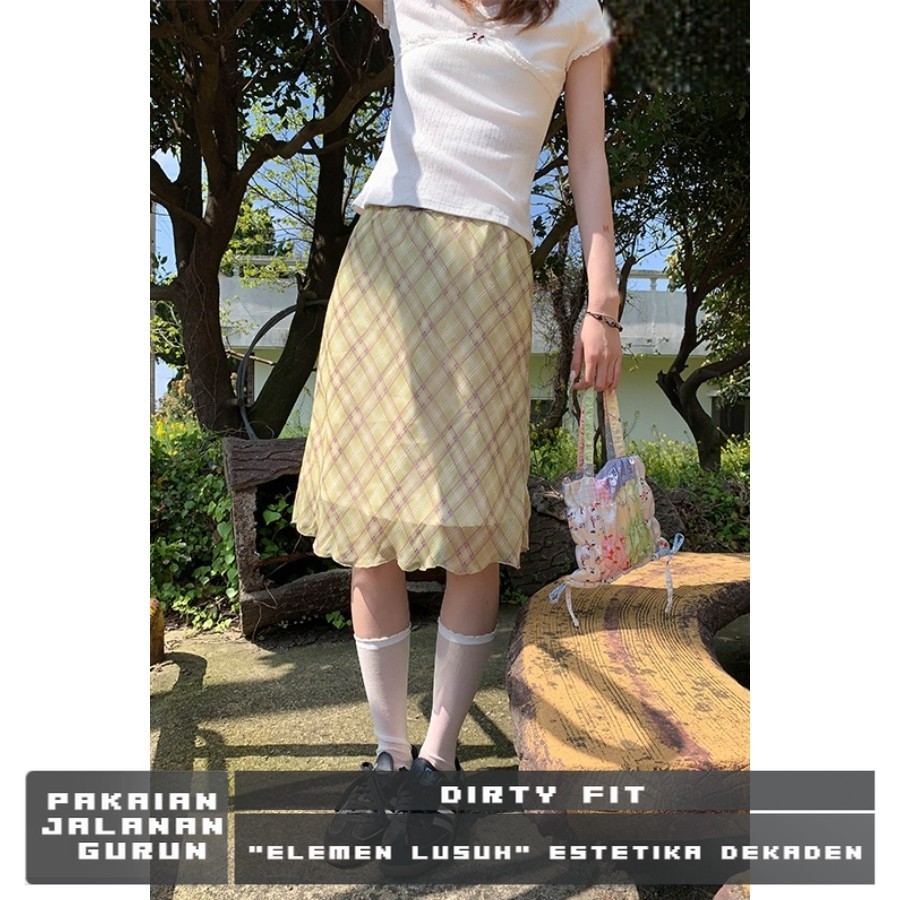 Rok musim panas kacang manis rok sifon hijau pinggang tinggi Rok berbentuk A rok tengah rok kotak-ko