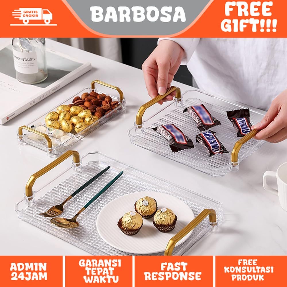 Baki Nampan Akrilik Handle Gold Tray Saji Transparant Mewah Kristal Aestetik Dekorasi