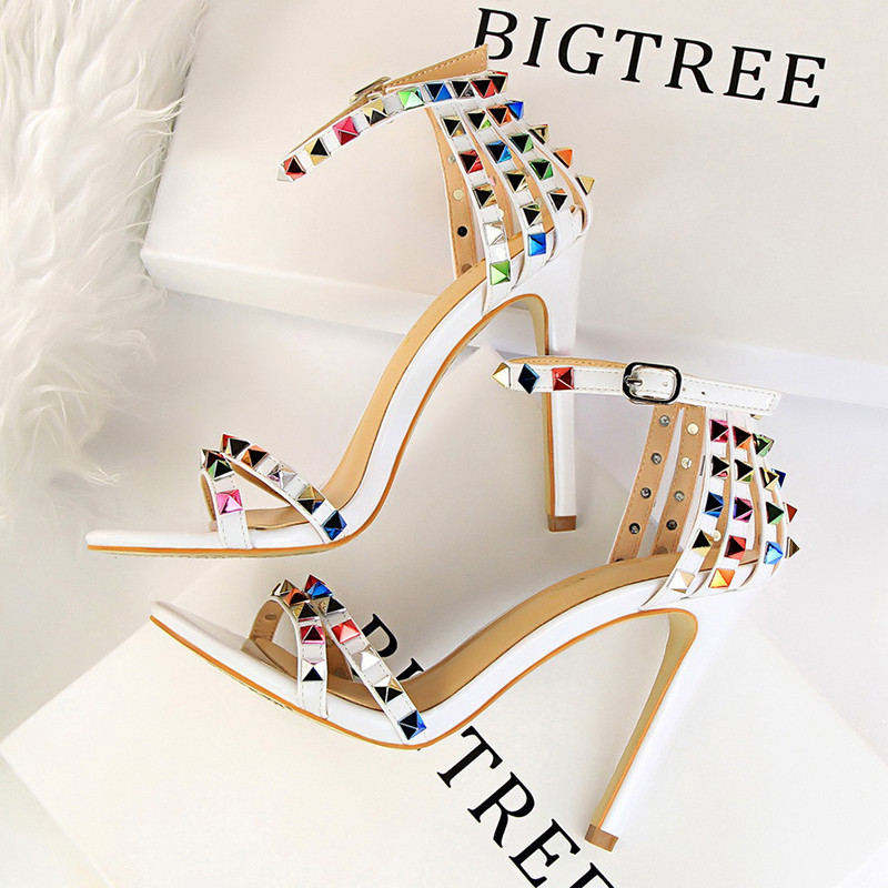 BIGTREE Shoes Color Rivets Women Sandals Roman Style Heeled Sandals Hollow Out High Heels Stiletto y