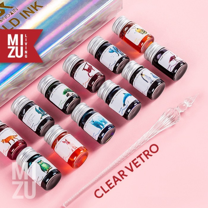 

MIZU PENNA VETRO XII GLASS Dip Pen Calligraphy 12 Tinta Glitter Ink - CLEAR VETRO HOTM