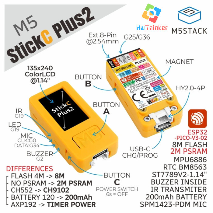 M5Stack M5StickC StickC PLUS2 PLUS 2 ESP32 ESP32-PICO 6 DOF IMU MPU6886 Mini IoT Development Kit