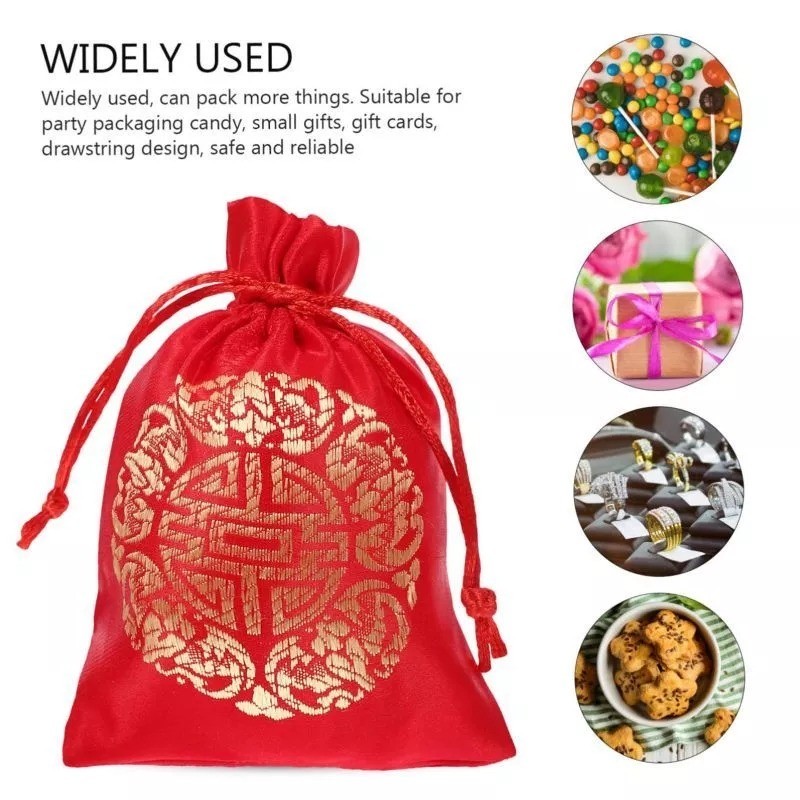 

10pcs Kantong Serut Souvenir Wedding Suang Pouch Serut Motif Chinese Xi Wedding Candy Bag