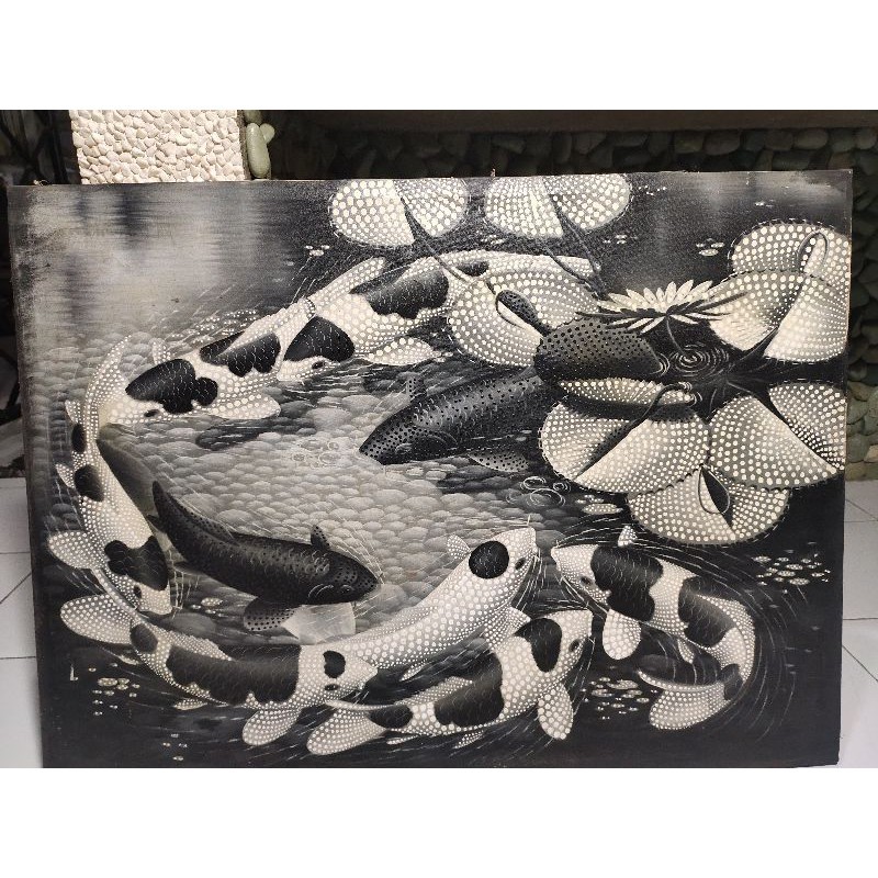 MAKRIFATBUSINESS lukisan Dot painting motif IKAN KOI HITAM PUTIH