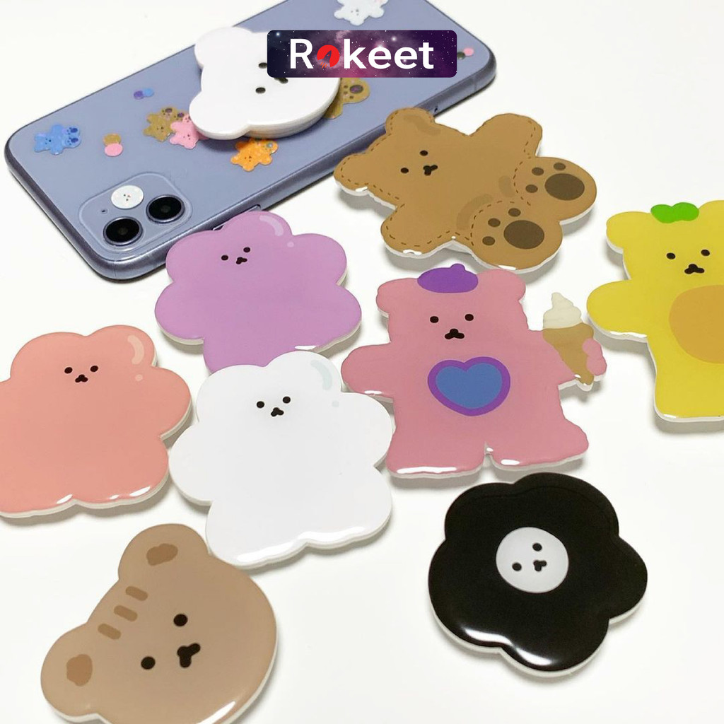 Rokeet Griptok Resin Akrilik Bear Korea Phone Holder Karakter Lucu Beruang Phone Stand HP Universal 