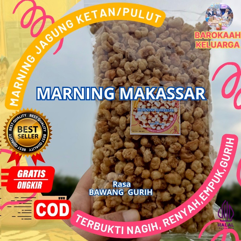 

Marning Marneng Premium khas makassar cocok bangt buat nyantai dan suguhan tamu terbuat dari jagung putih, rasa gurih asin bawang (500gr),renyah dan aseli