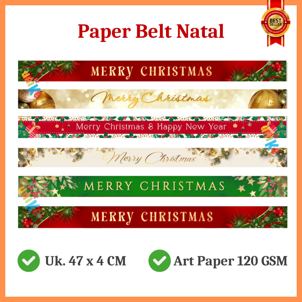 

7 Pcs - PAPER BELT NATAL MERRY CHRISTMAS 47x4 cm / Selempang Parcel Box Hampers Bingkisan Natal
