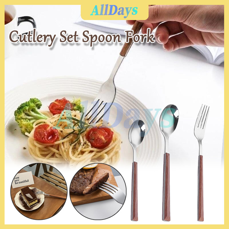 Sendok Garpu Stainless Handle Kayu/Set Sendok Korea Tebal/ Sendok Garpu Portabel Stainless Set/Sendo
