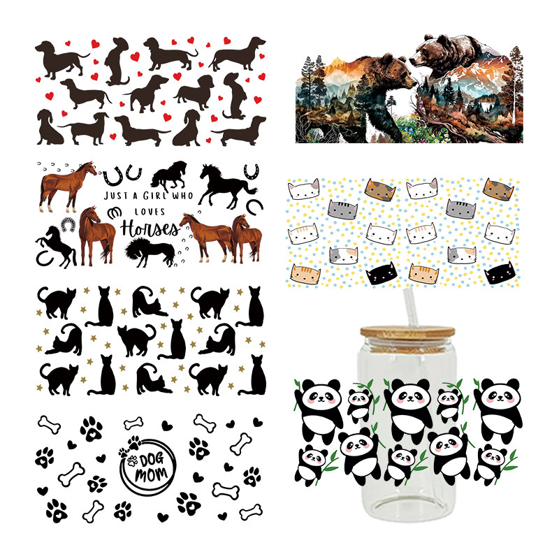 

Panda Dog Mom Just A Girl Who Loves Horses Pattern 3D UV DTF Libbey Cup Wrap Stickers Transfer For Glass 16oz D7510