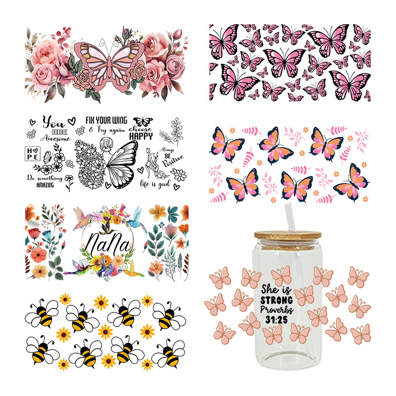 

UV DTF Sticker Butterfly Theme For The 16oz Libbey Glasses Wraps Cup Can DIY Waterproof Easy To Use Custom Decals D12236