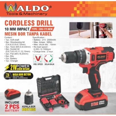 CORDLESS DRILL 10 MM IMPACT MESIN BOR TANPA KABEL CDS-175 NEW ALDO