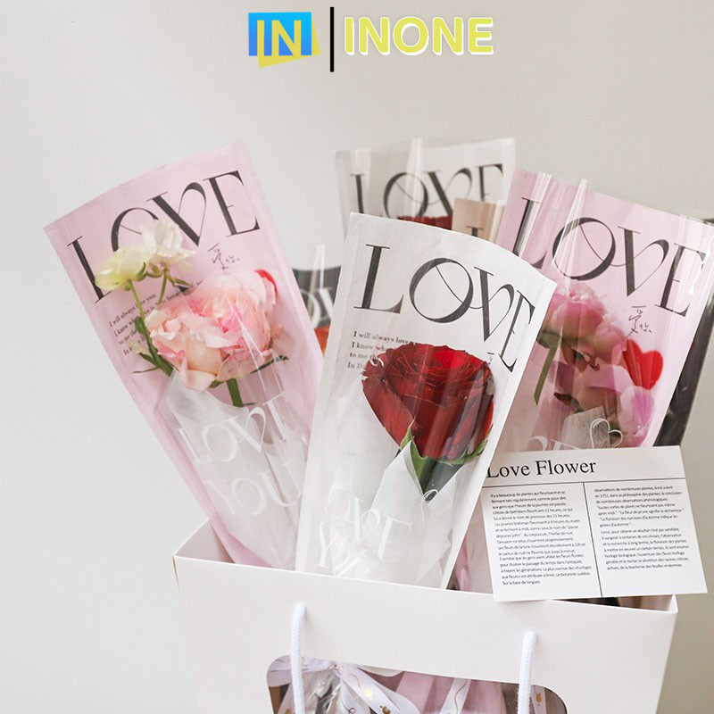 

INONE - [1 Pack 20 Lembar] Plastik Single Flower Tulisan Love Printed Plastik Bunga Tangkaian Satuan Single Stalk