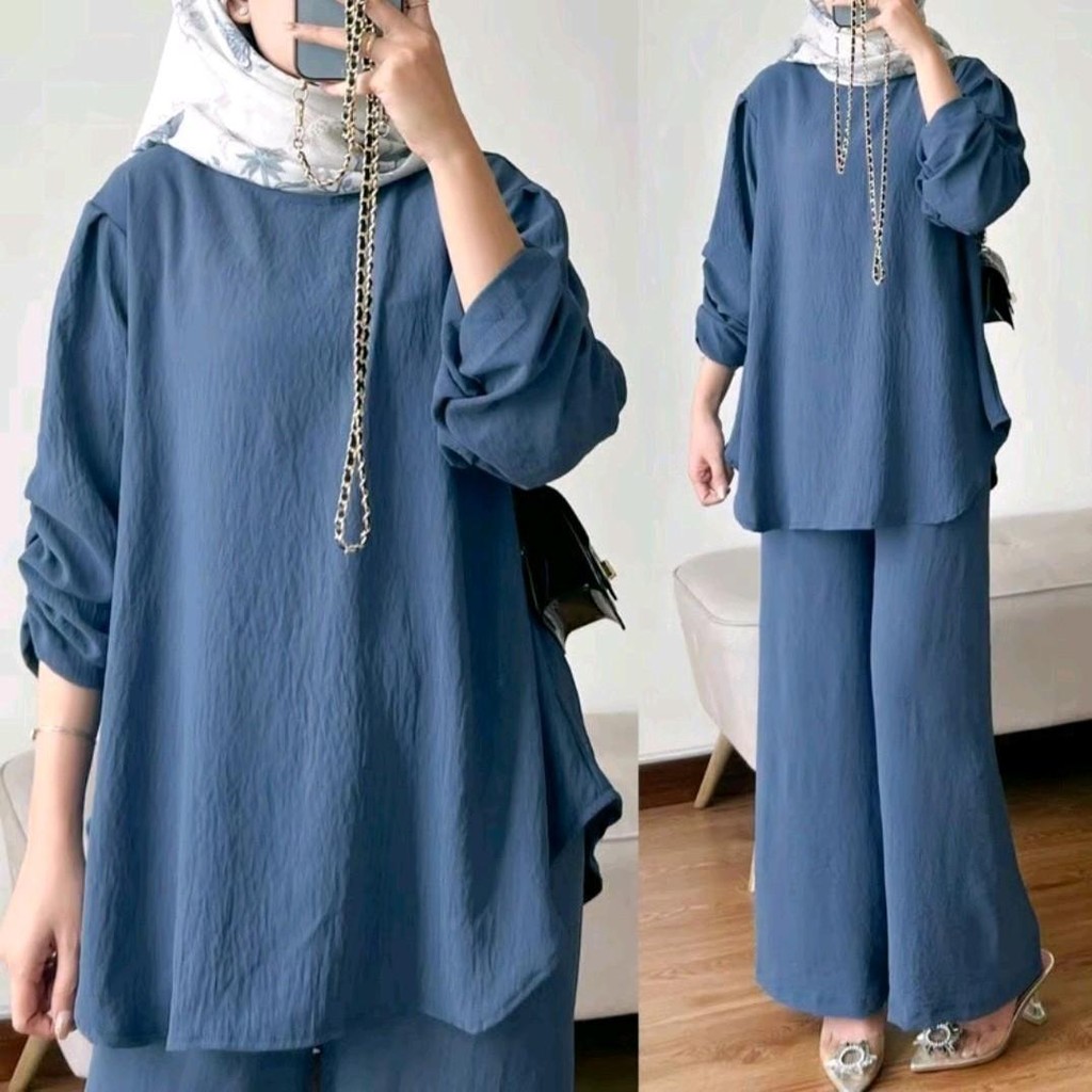 Setelan Wanita Raveena One Set Tangan Kerut Celana Kulot | Setelan Wanita Muslim Raveena Celana Kulo