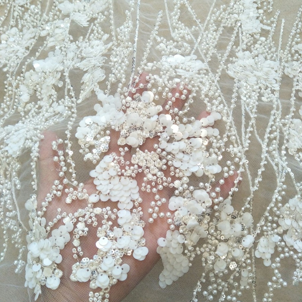 

2023 wedding gown dress beading lace 130cm width lace fabric sell by yard