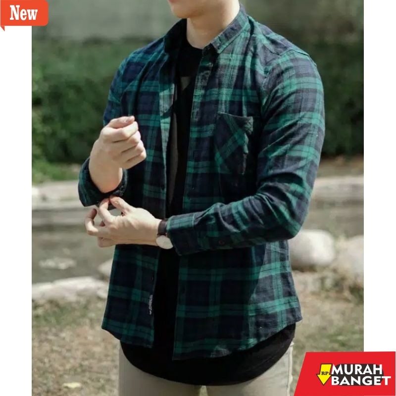 kemeja kotak kotak cowok Kemeja Flanel Slimfi Favorit Kotak Biru putih Navy Hem Pria Lengan Panjang 