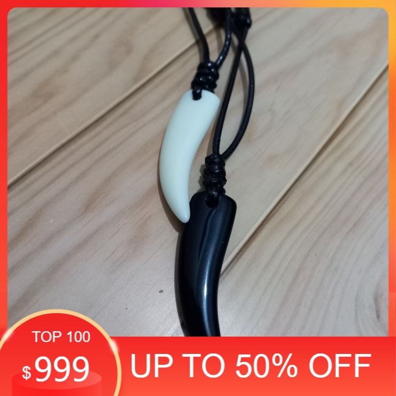 Kalung Tali Hitam  Pria Wanita Taring Macan Putih Cream Waterproof Adjustable Gudang.acc14