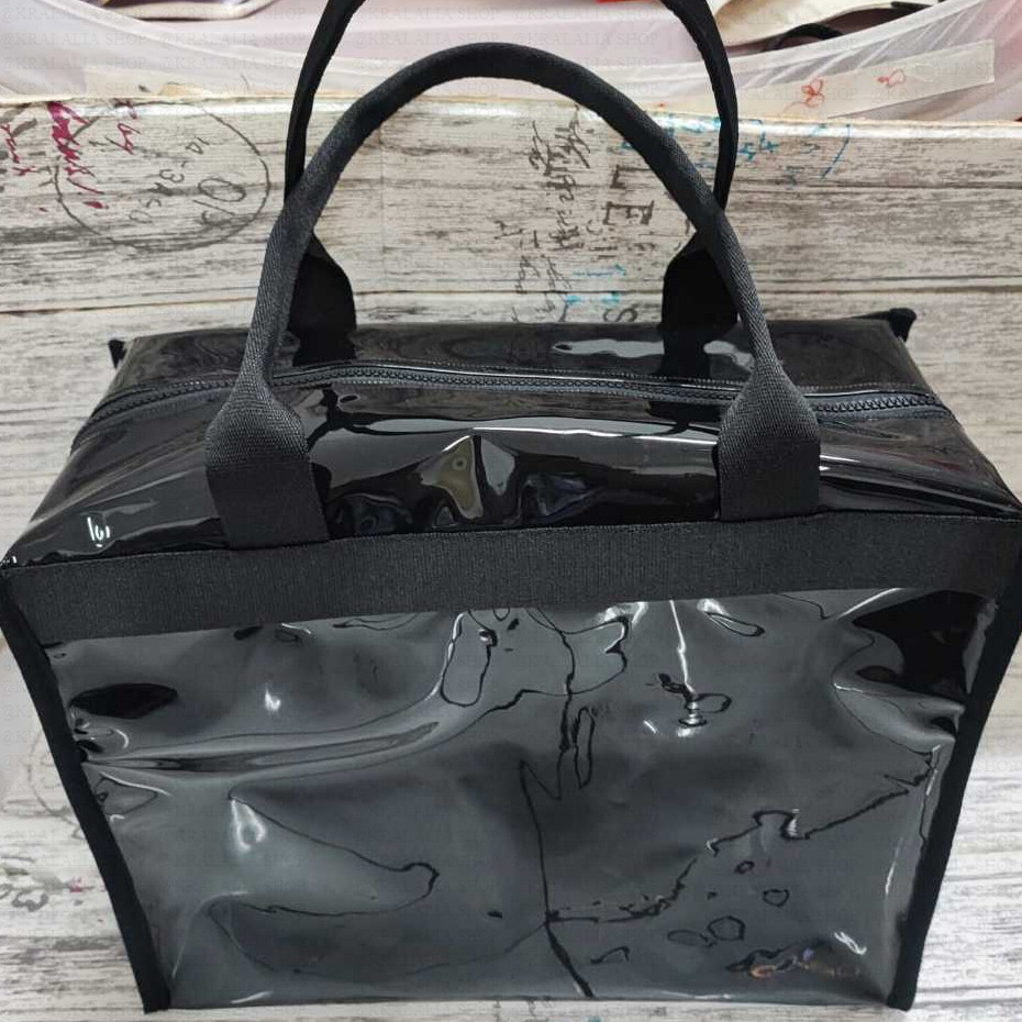 Tas tote Mika transparant Hitam glossy fashion mewah resleting full tali webing tebal
