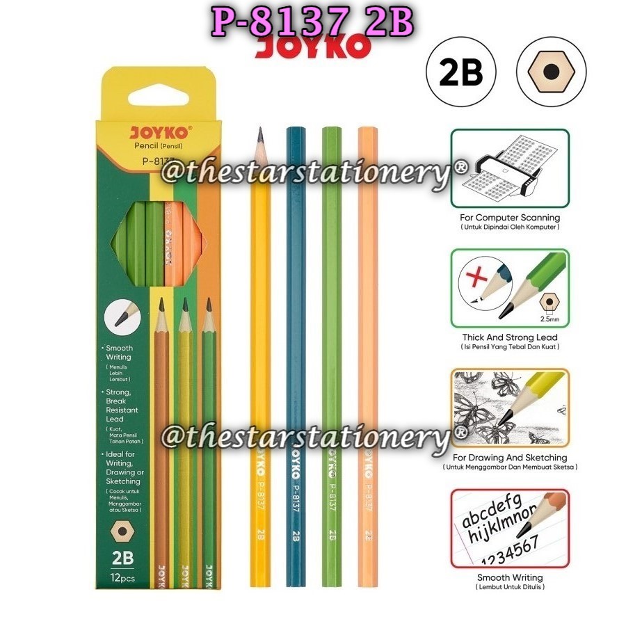 

(1 Pak/12 Pcs) GROSIR Pensil Joyko P-8137 2B / Pencil Joyko 2B P-8137 (1 Pak/12)