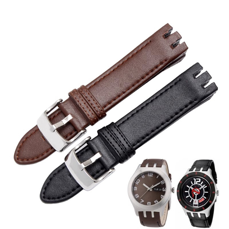 Watch Band Genuine Leather For  Swatch YTS401/402/409/713/YTB400 Series Curved Concave Interface Bra