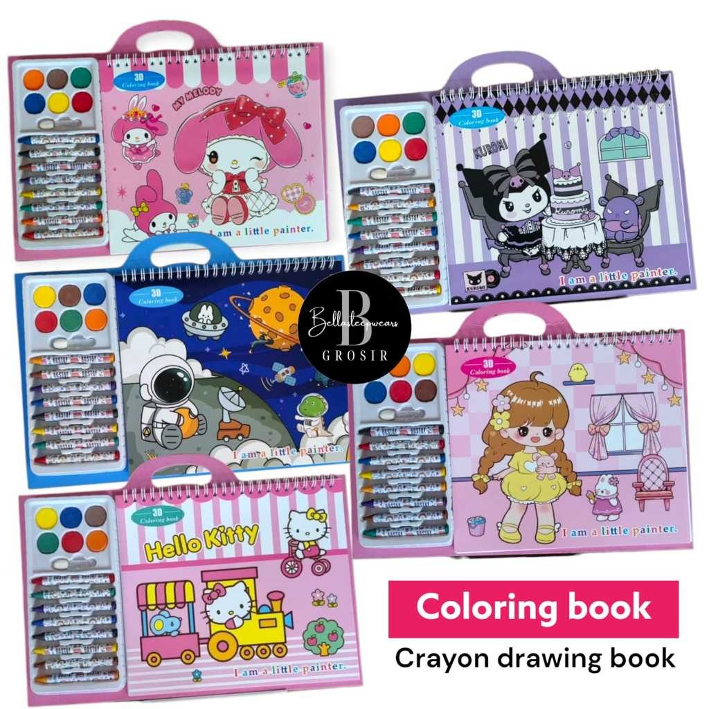 

BUKU CRAYON DRAWING COLORING BOOK SANRIO / Buku Gambar Mewarnai Karakter Sanrio 3D Kuromi Melody Hello Kitty Coloring Book 3D Set Crayon Belajar Melukis Menggambar