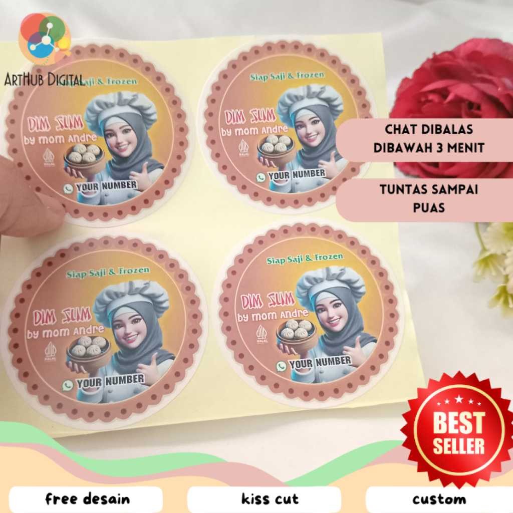 

AHD 2-4 Custom Sticker Tema Dimsum Label Stiker Produk Makanan Dim Sum Bulat Chromo