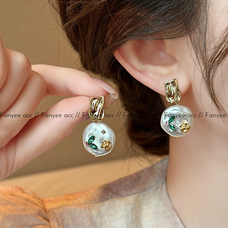 [Fanyee] Anting-anting Pejantan Bunga Mutiara Monet Garden Baroque Vintage yang Halus Q1115
