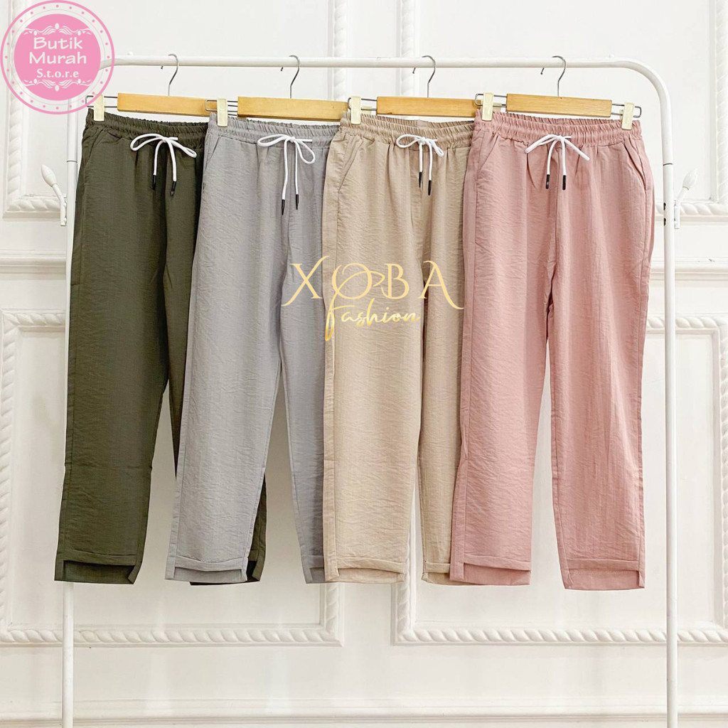 3558 Celana Baggy Pants Wanita Pinggang Full Karet Bahan Polo Linen 905