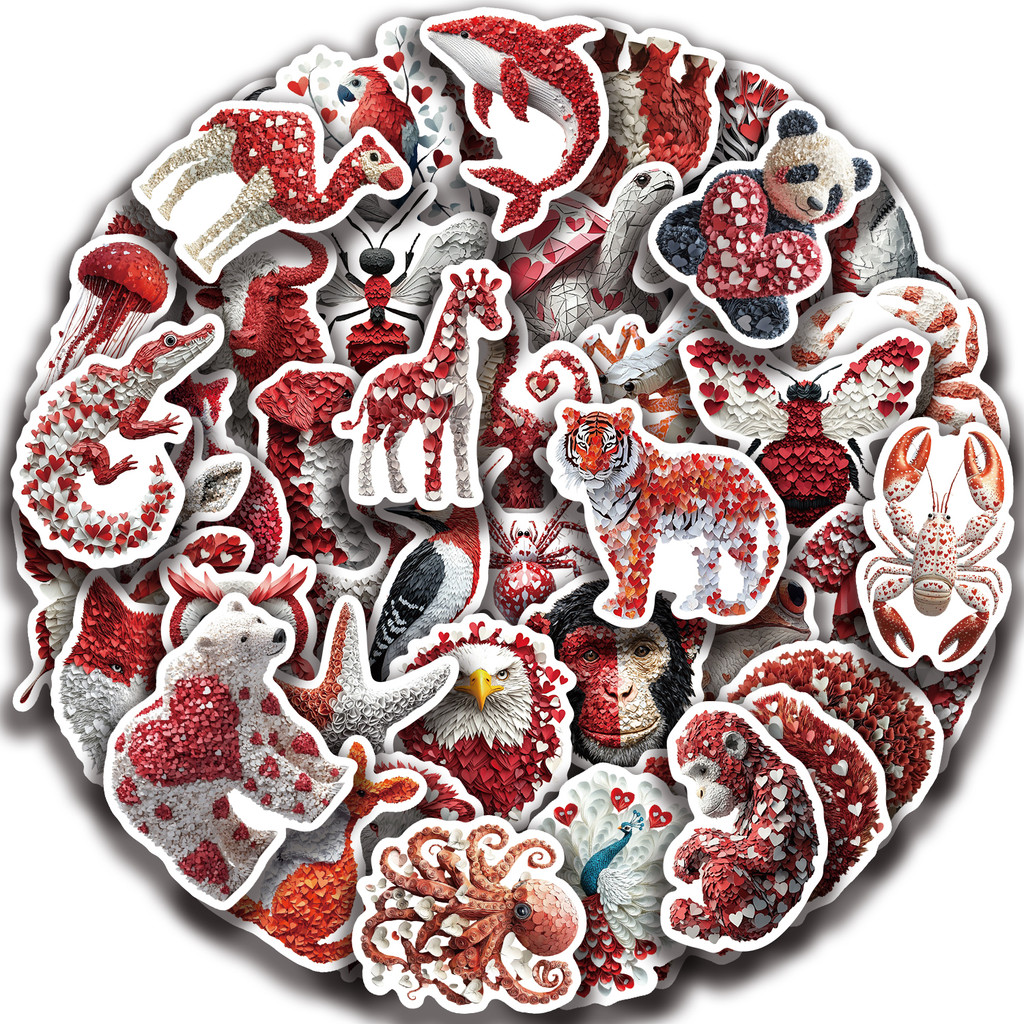 

50PCS Red Paper Heart Animal Design Stickers Aesthetic Decal Luggage Skateboard Cute Graffiti Sticker Toys