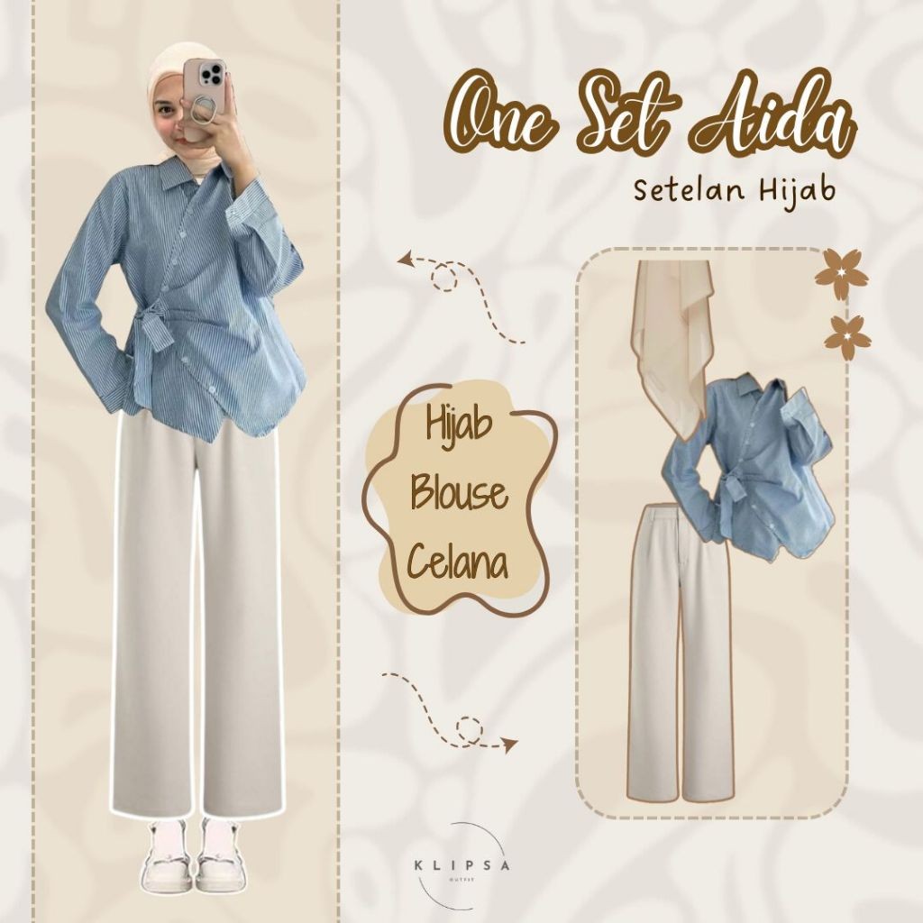 [TERBARU] One Set Aida (Blouse Salur, Celana Kulot , Hijab) Setelan 3 in 1 Wanita Baju Wanita Kantor