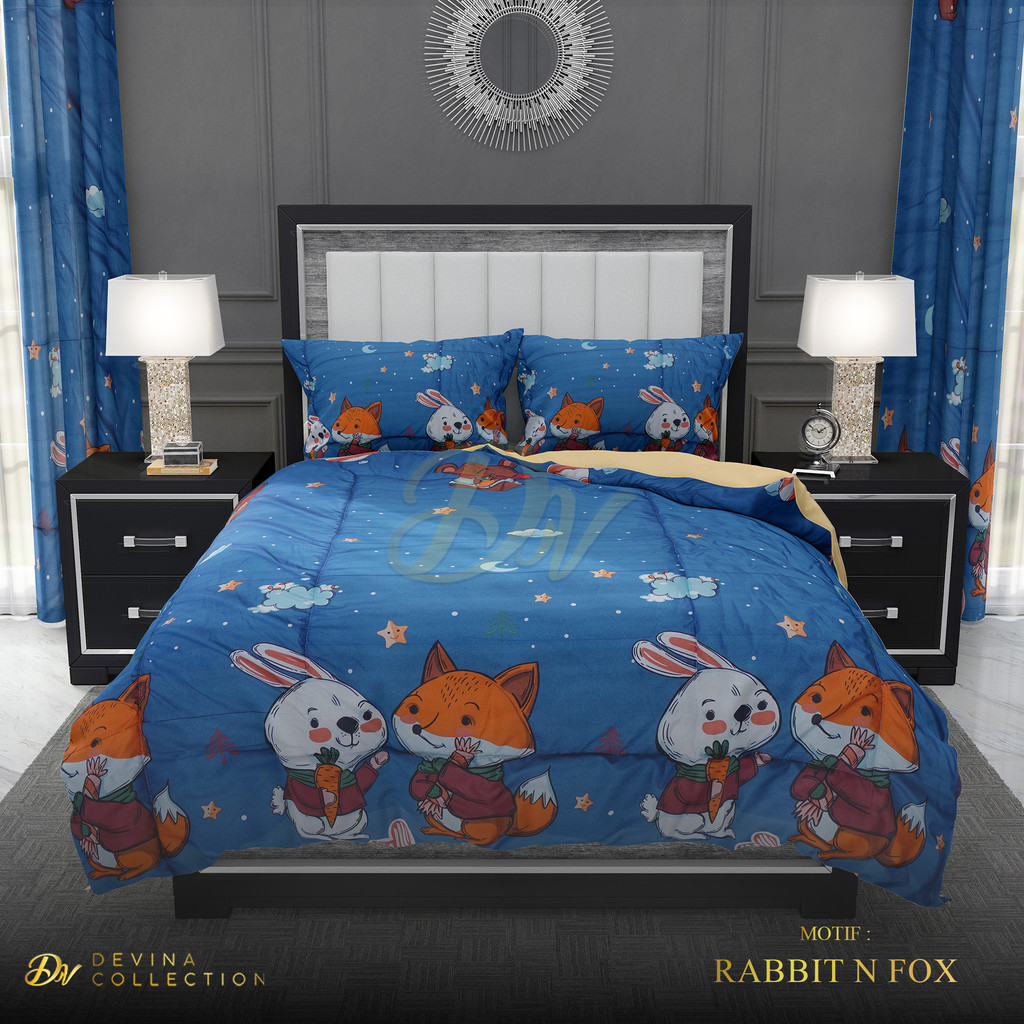 Devina Collection Bedcover Sprei Set Karet Anti Geser Motif Anak Rabbit N Fox Uk King 180x200