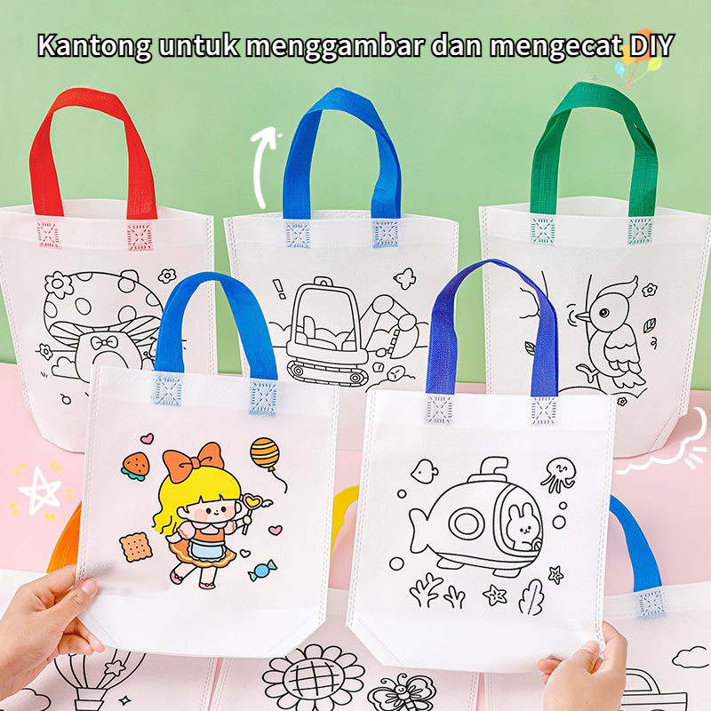 

Tas Gambar Kartun Buatan Tangan DIY Lukisan Hari Anak-Anak Mewarnai Hadiah Kecil Tas Tangan Grafiti Non-Tenun Lucu