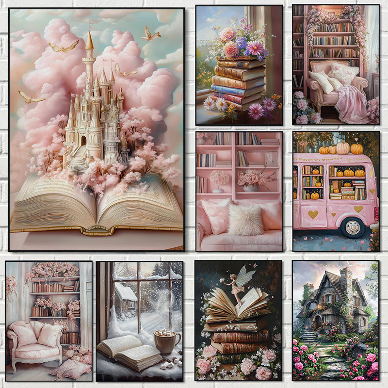 

Vintage Winter Forest Castle Pink Book House Abstract Posters Prints Canvas Painting Wall Art Picture Living Room Home Decor