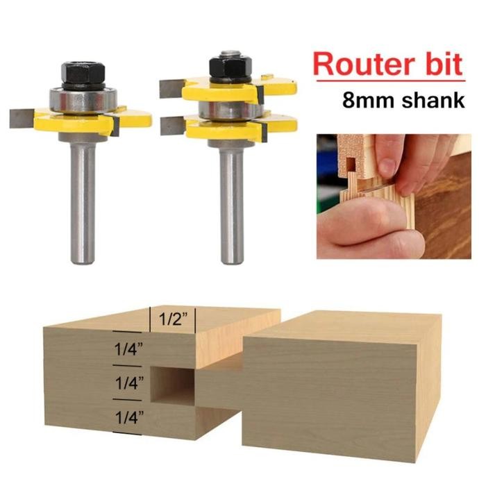 Mata Profil 8mm Sambung Kayu Router Bit Trimmer Router Tongue Groove Joint Assembly C3