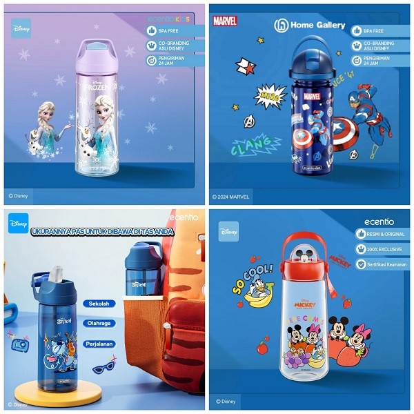 BOTOL ANAK ECENTIO KARAKTER DISNEY | Botol Air Minum Ecentio Karakter Disney