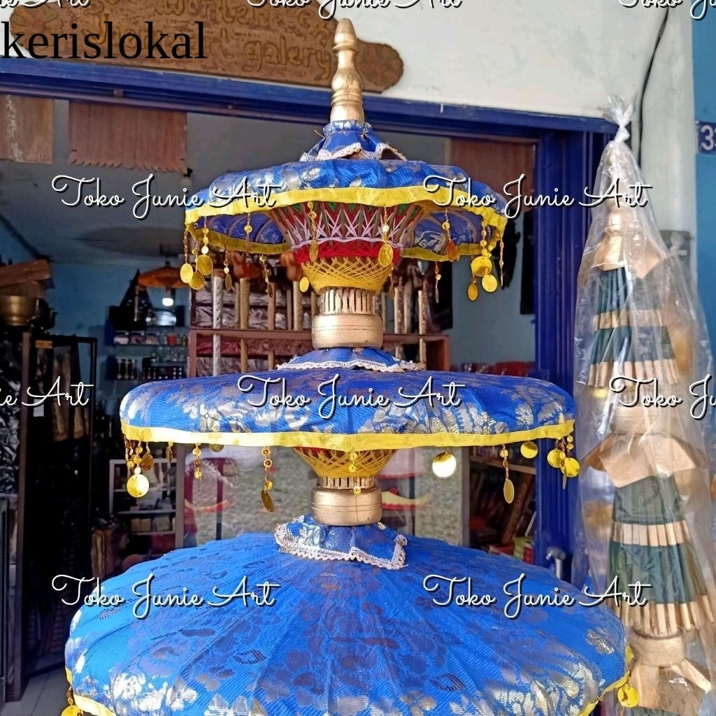 Payung Keraton Susun 3 biru Motif bunga Emas / Payung hias dekorasi / songsong agung / payung tedung